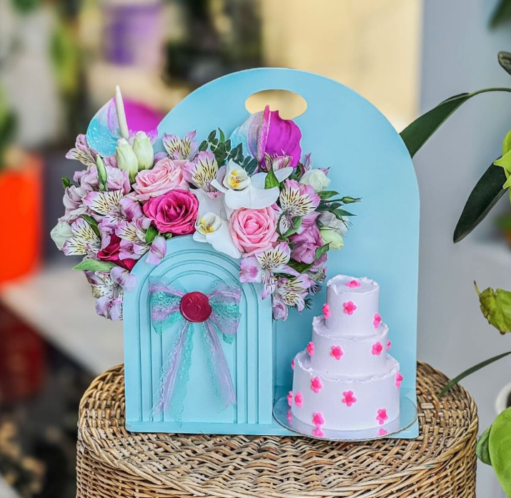 Trayed Flowers and Miniature Cake